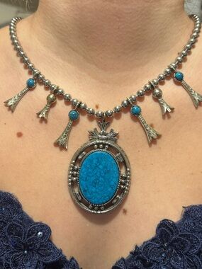 Silver-Tone Squash Blossom Necklace with Turquoise Blue Pendant - Women Jewelry